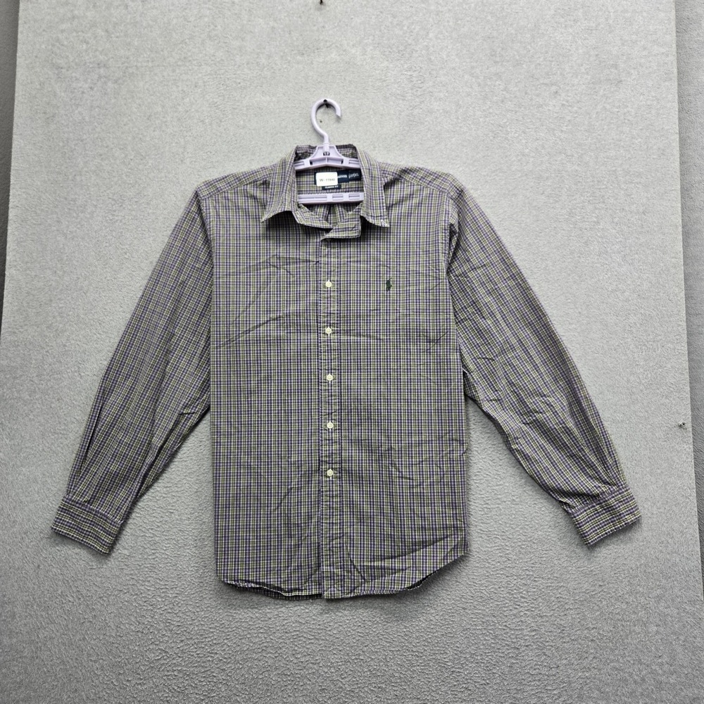 VINTAGE Ralph Lauren Men Button Up Shirt XL Purple Embroidered Plaid Classic